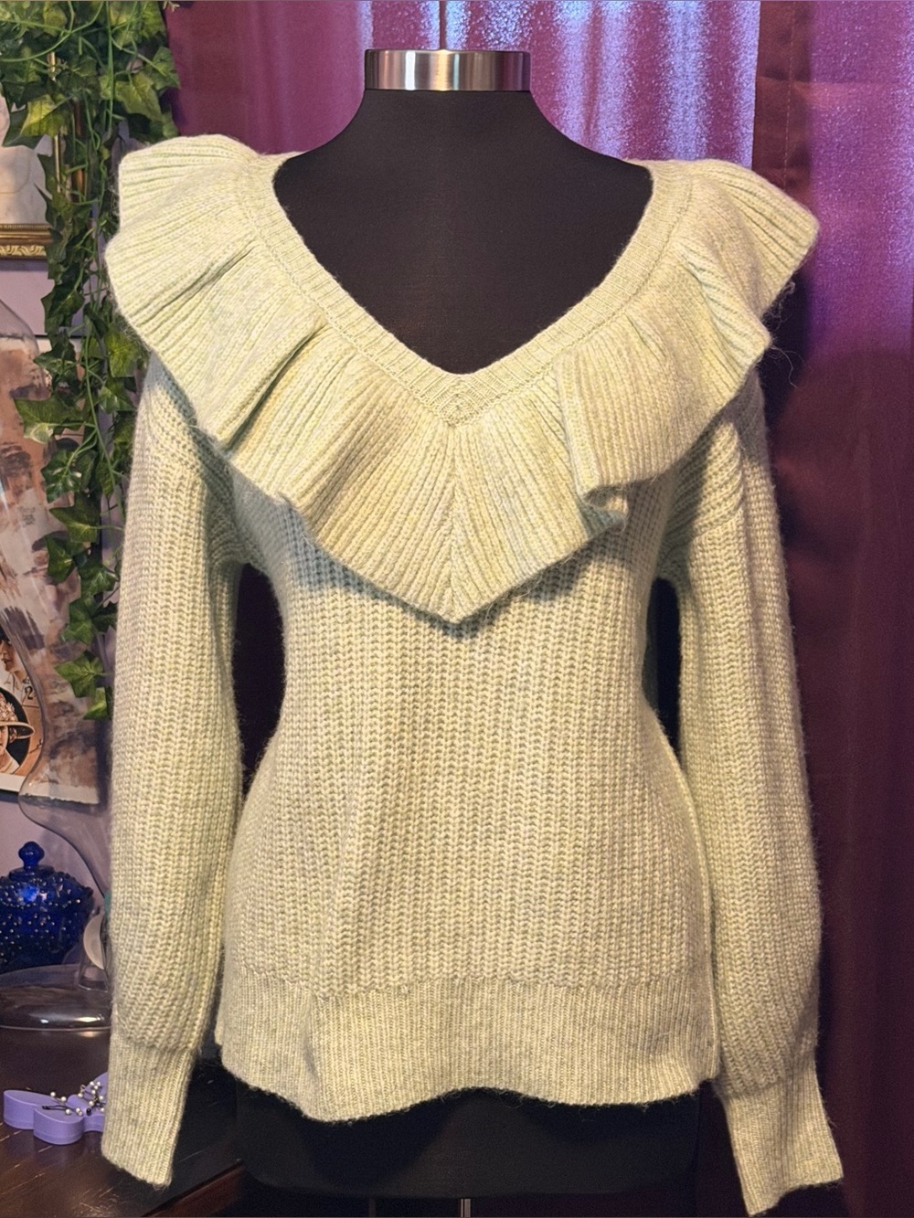 A New Day Ruffle V Neck Collar Knit Sweater Mint Green